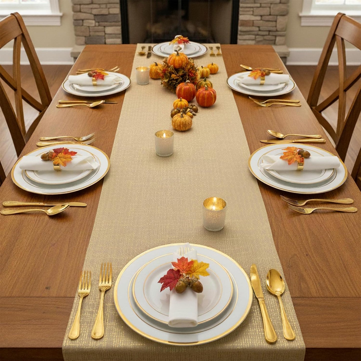 PapaKit Sparkle Metallic Gold Stripes Faux Burlap No-Iron Table Runner 13.5" x 36ft (12 Yard) for Holidays, Wedding Decoration, Parties and Everyday Décor