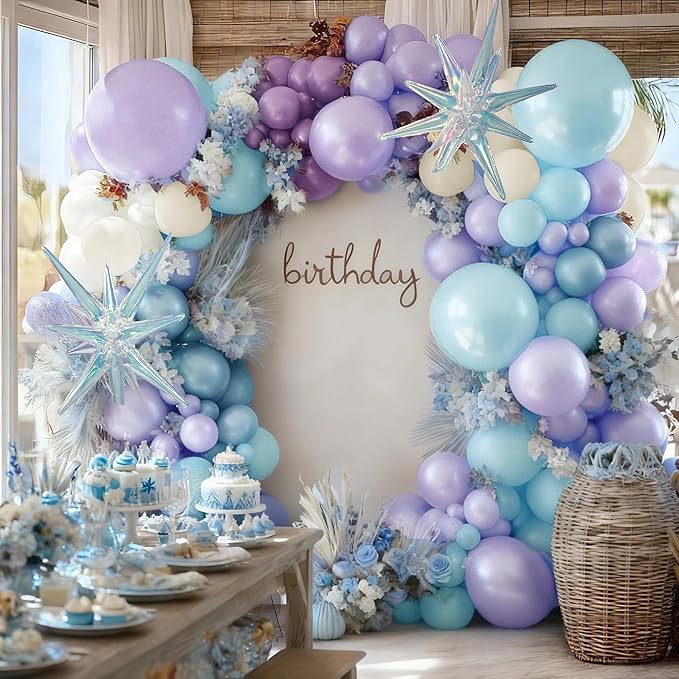Frozen Balloon Garland Arch Kit, Double Stuffed Purple Blue White Pearl Balloons with Iridescent Star Foils for Birthday Christmas Baby Shower Frozen Wedding Winter Party Decorations