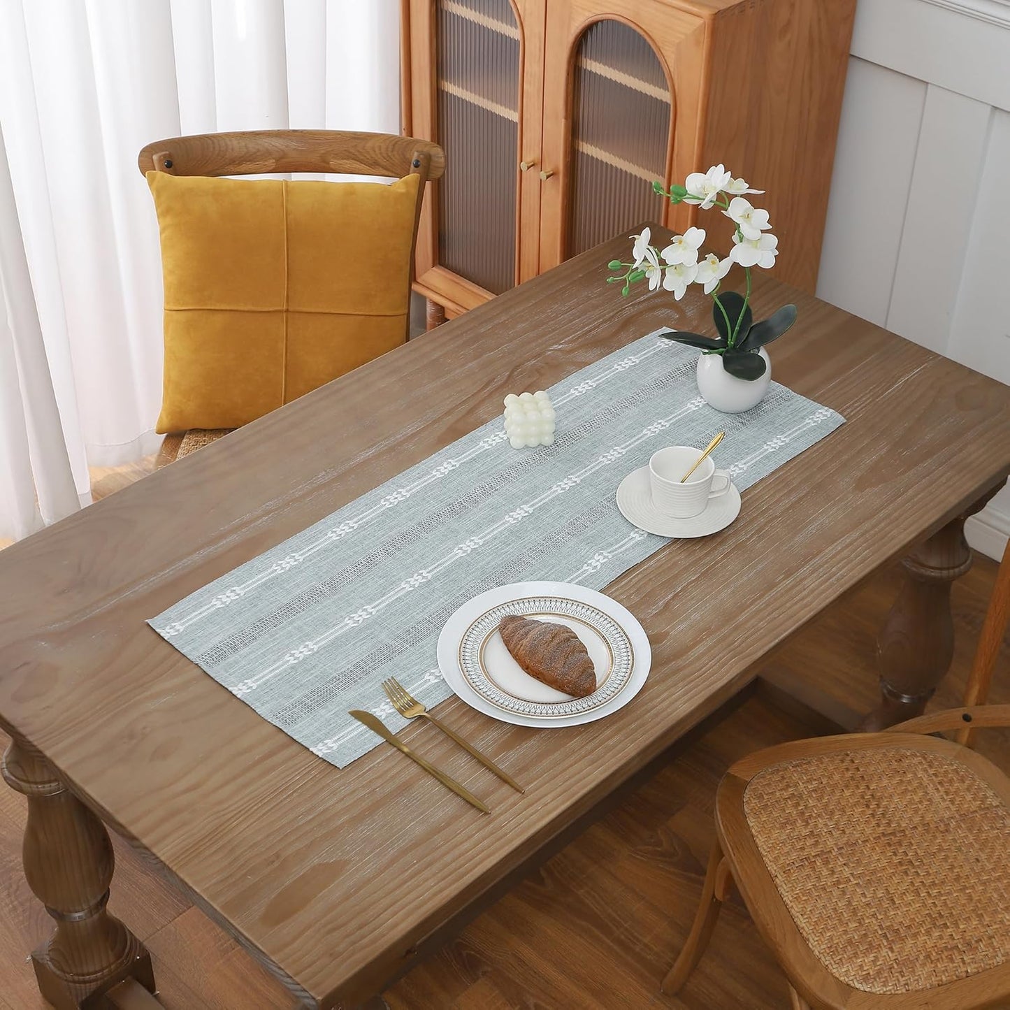 Gernaice 2PCS Boho Table Runner, Embroidered Cotton Linen Farmhouse Table Runners for Dresser End Coffee Table Home Decor, 24" L X 13" W Grey