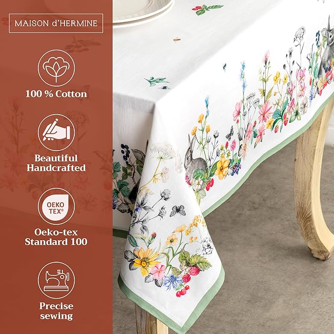 Maison d' Hermine Table Cloth Rectangle Table 100% Cotton 70 x 108 Inches Tablecloth Reusable Decorative for Dining Room Farmhouse Home Valentines Day Decorations Spring Summer - Printemps