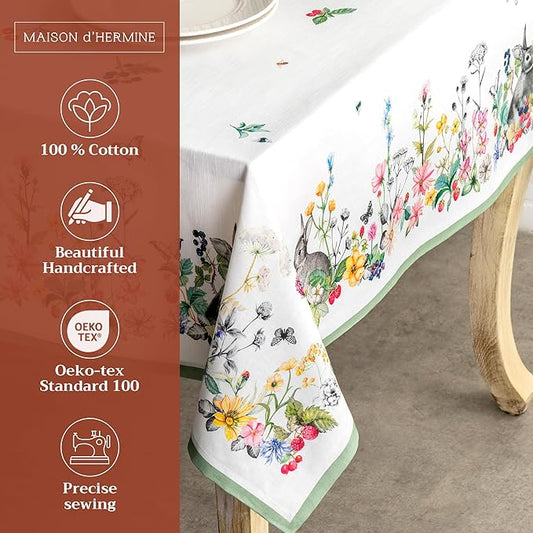 Maison d' Hermine Table Cloth Rectangle Table 100% Cotton 60 x 90 Inches Tablecloth Reusable Decorative for Dining Room Farmhouse Home Valentines Day Decorations Spring Summer - Printemps