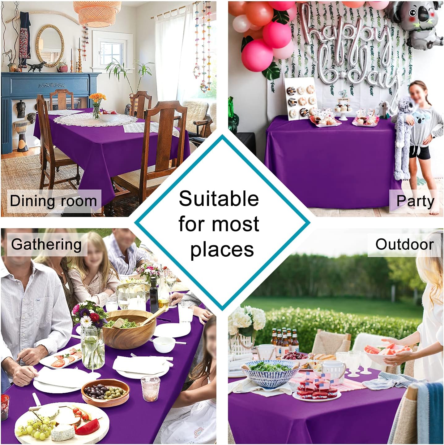 Hiasan Royal Purple Tablecloth for Square Tables - Waterproof and Spillproof Washable Fabric Table Cloth for Dining Room Kitchen Party, 60 x 60 Inch