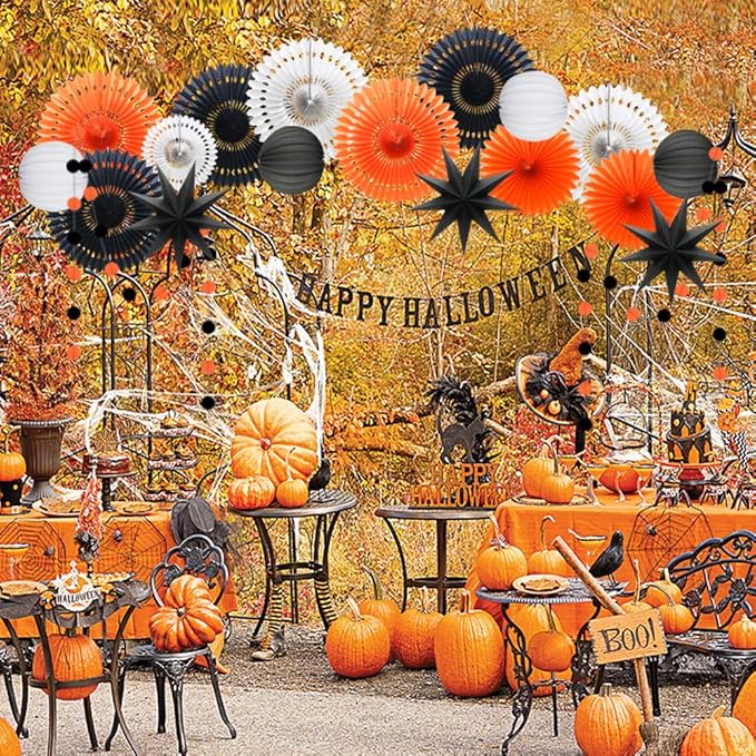 ADLKGG Orange White Black Halloween Decorations, Hanging Tissue Paper Fans Circle Garland Paper Lanterns for Graduation Wedding Anniversary Birthday Backdrop Decor