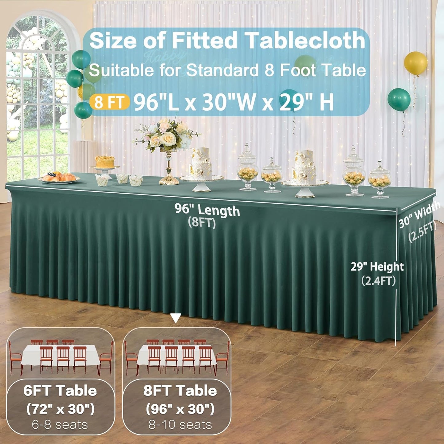 Hunter Green Spandex Table Clothes for 8 Foot Rectangle Tables, Wrinkle Free Fitted Tablecloth Cover 8ft Green Stretchy Tablecloths with Skirt for Parties Weddings Birthday Banquet Baby Shower