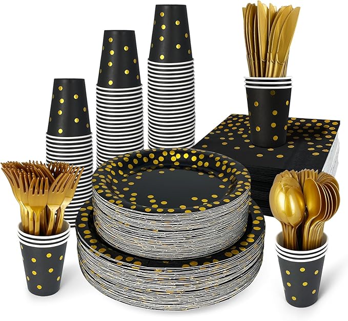 Disposable Plates for Party 50 Sets, Holiday Paper Plates and Napkins w/Cutlery & Cups, Heavy Duty Golden Dot Black Paper Plates and Napkins Cups for Baby Shower Birthday Wedding