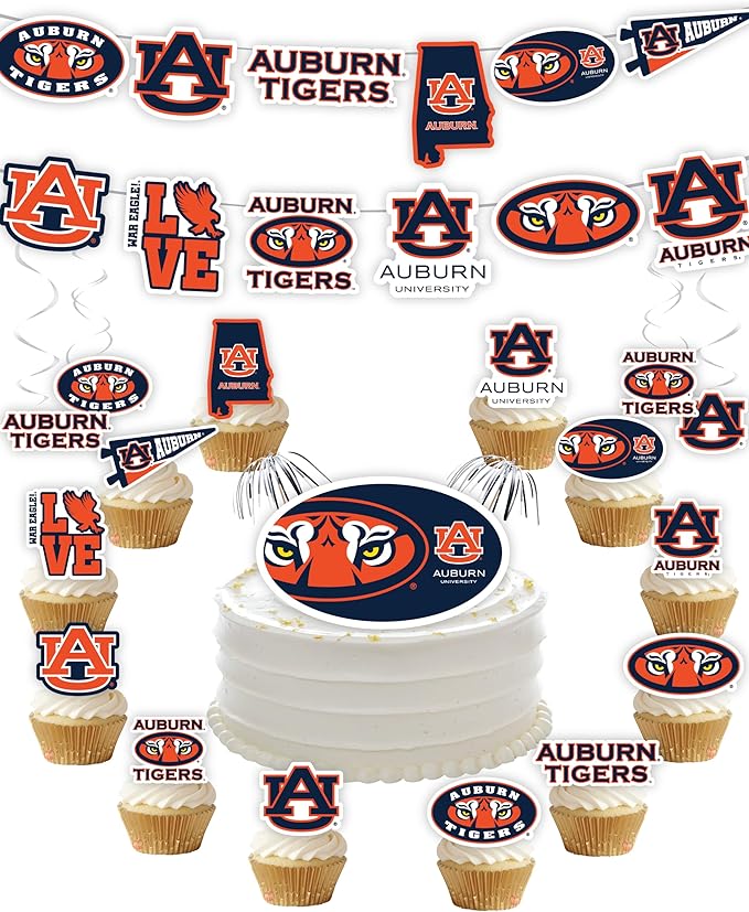 Auburn Party Supplies for Football, Birthday Gift, Graduation Party Banner and Cake Toppers (42 Pieces) (Auburn Tigers)
