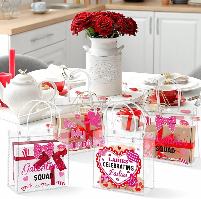 H1vojoxo Galentine's Day Gift Bags - 24PCS Galentine Clear PVC Gift Bags with Handle 7.9x3.2x7.9 Inches Reusable Galentine Goodie Tote Bag Be My Galentine Gift Wrap Bag for Valentine’s Day Party Favor