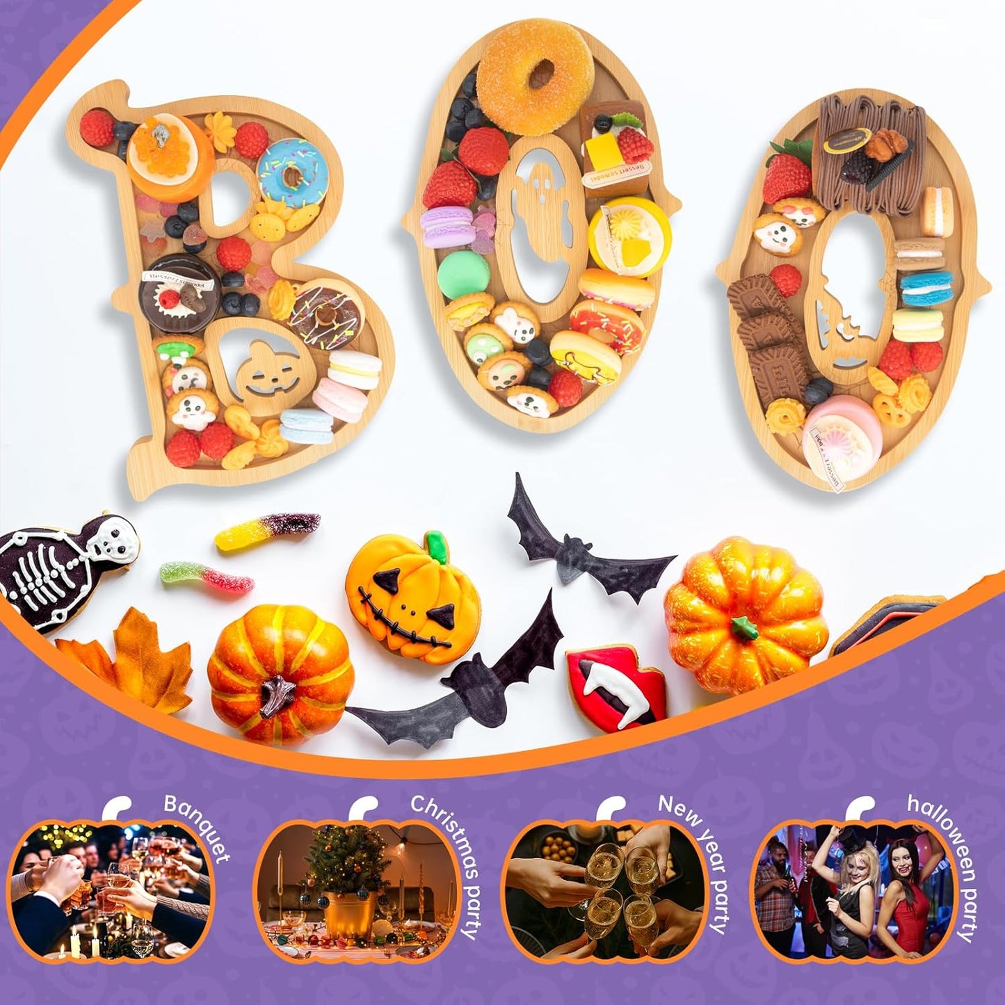3PCS Wooden Halloween Decorations Letters Charcuterie Board Box-(with 14 Balloons) BOO Charcuterie Letters Fillable Food Halloween Party Supplies Halloween Party Table Decoration Food Tray Platter