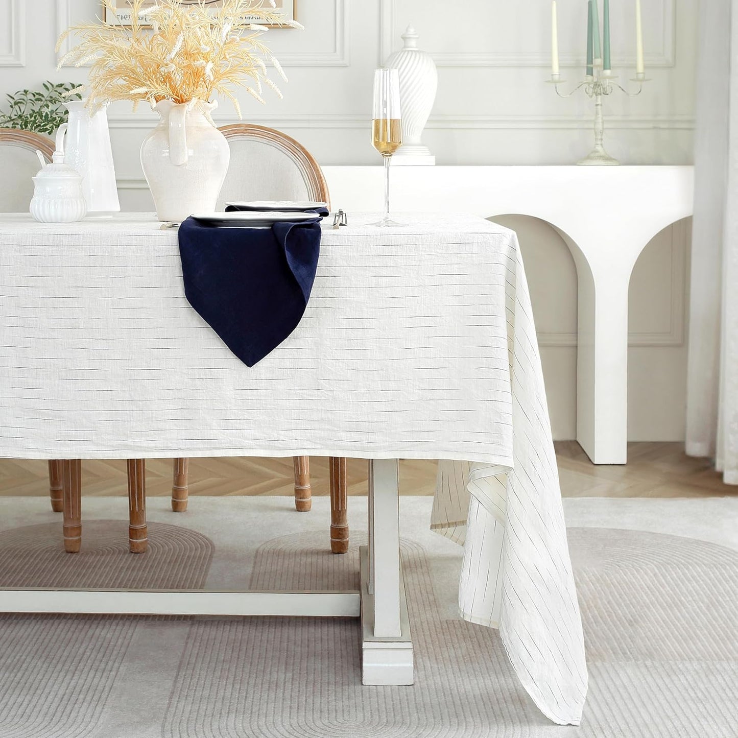 Linen World Stripe Linen Tablecloth,100% French Navy Pinstripe Table Cloth 55" x 55" Inch,Washable Square Tablecloth for Dining,Outdoor,Weddings and Restaurants,Decorative Thanksgiving Christmas