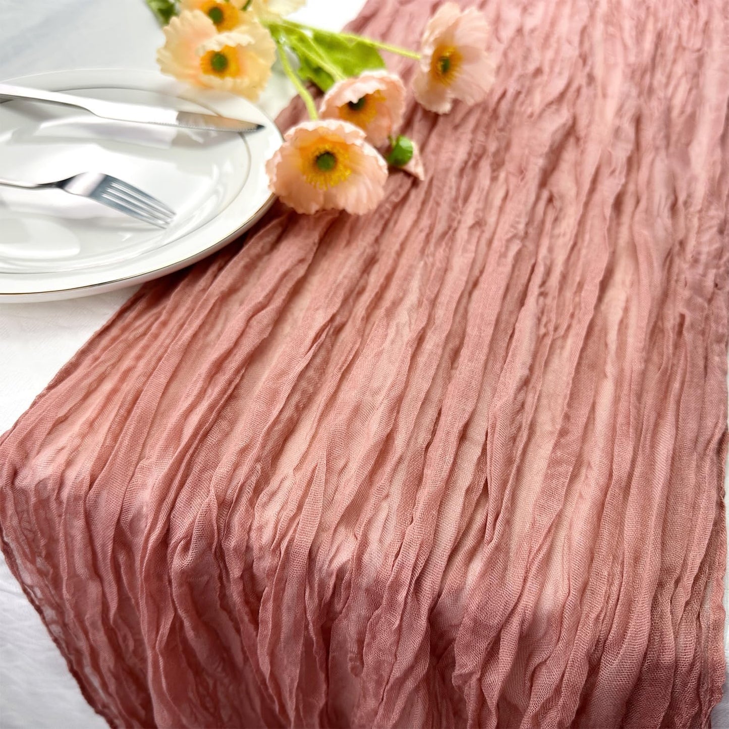 Booque Valley Dusty Blush Cheesecloth Table Runner 10ft Super Soft Boho Wrinkled Gauze Sheer Cloth for Baby Shower Baptism Birthday Party Wedding Centerpiece Table Decoration, 35x120 Inch