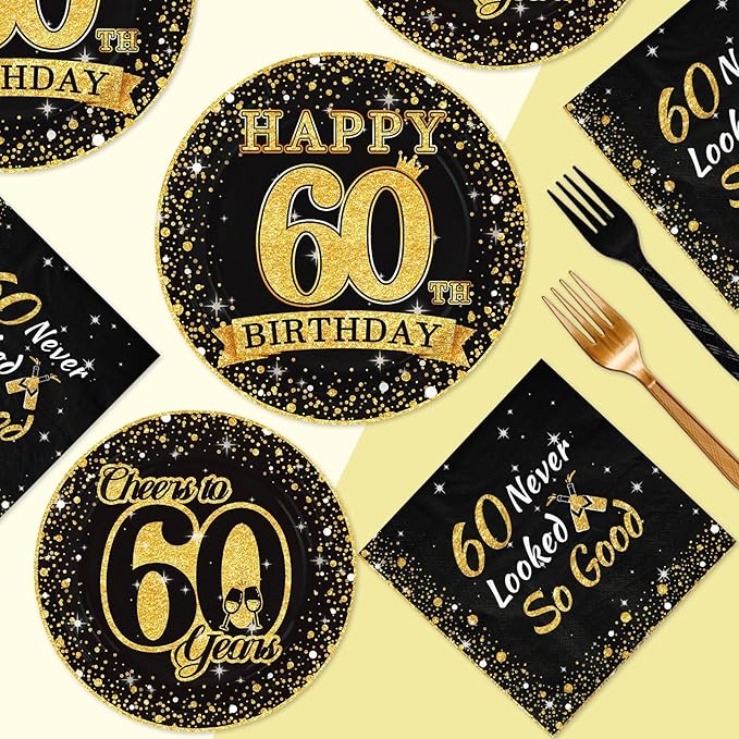Grencian 96Pcs 60th Birthday Party Decorations Vintage 1965 Birthday Plates and Napkins Black and Gold Tabeware Sets Cheers to 60 Years Decorations for Mens Womens 60 Year Old Party Supplies Serves 24