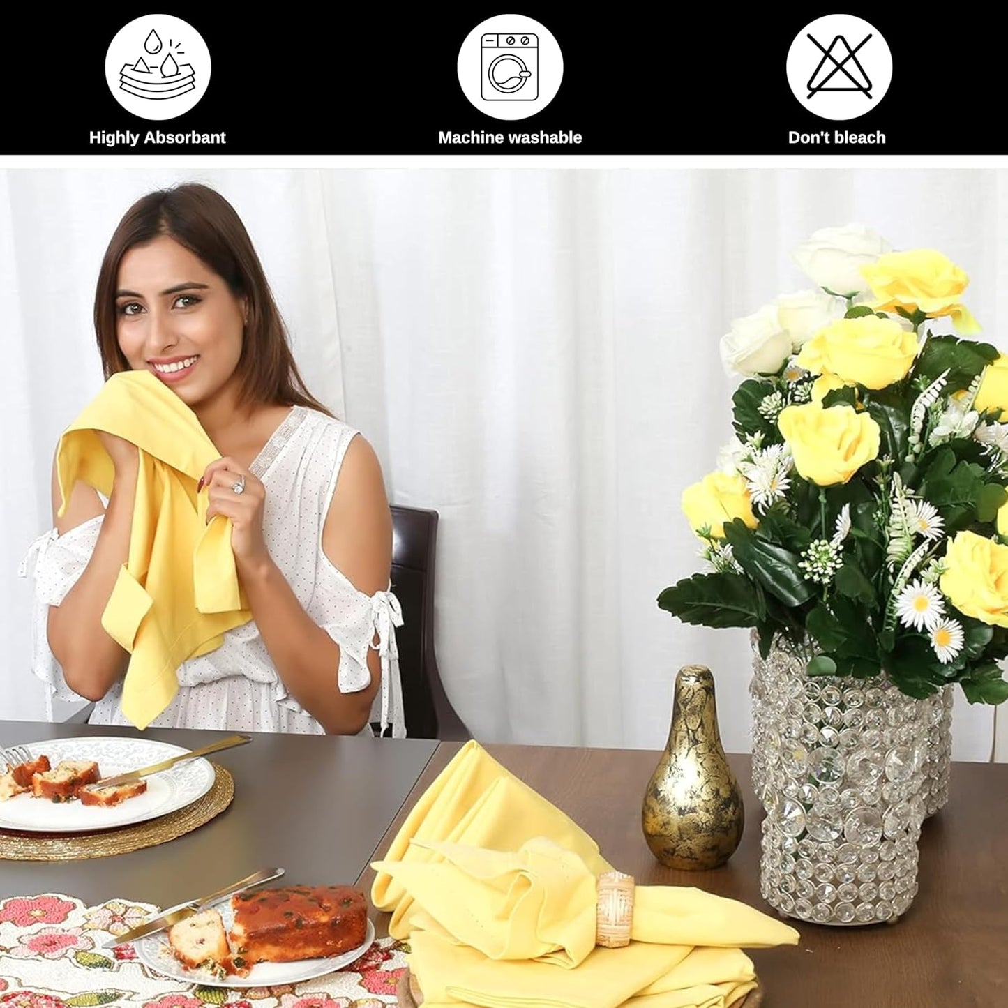 Bedding Craft Cotton Dinner Cloth Napkins Set of 12 – 18x18 Sand Yellow – Reusable & Machine Washable Fabric Napkins for Weddings, Restaurants & Everyday Dining