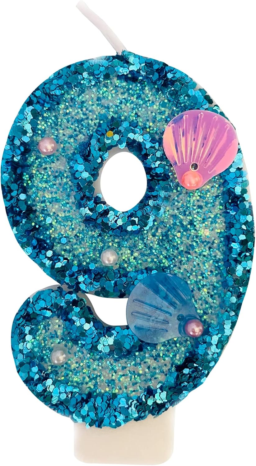 Blue Number Candle,Shell Sequins Number Candles for Birthday Cakes Mermaid Themed Party Supplies Number 9 Candle