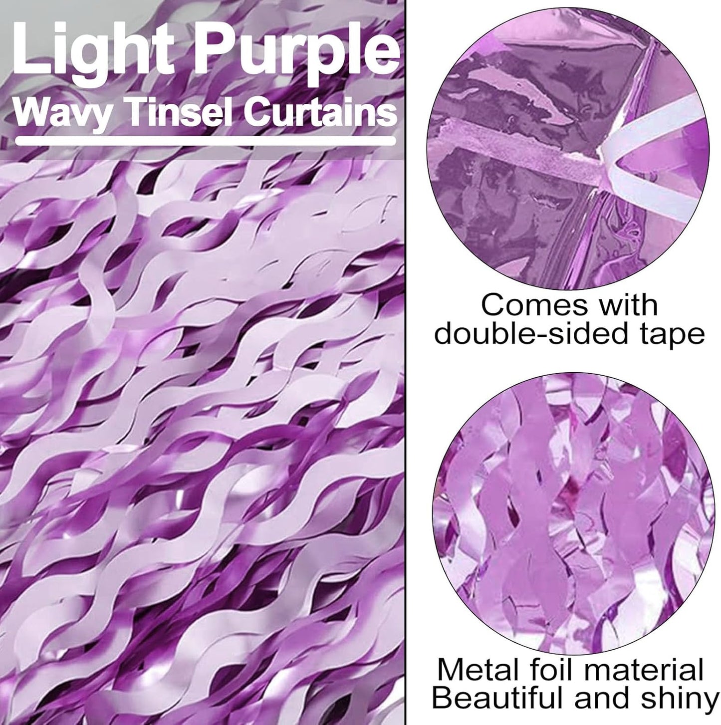 4 Pack Light Purple Fringe Curtain Backdrop 3.2Ft x 8.2Ft Metallic Tinsel Foil Fringe Streamers Background for Photo Booth Mother's Day, Easter, Carnival, Birthday, Wedding Party Decoration
