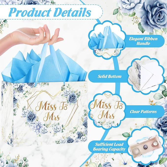 Blue Bridal Shower Gift Bag Wedding Miss to Mrs Gifts Bag with Tissue and Card Bridal Shower Gift Wrapping Paper Bag Floral Boho Christmas Wedding Gift Bags Bride Engagement Bachelorette Party Bag