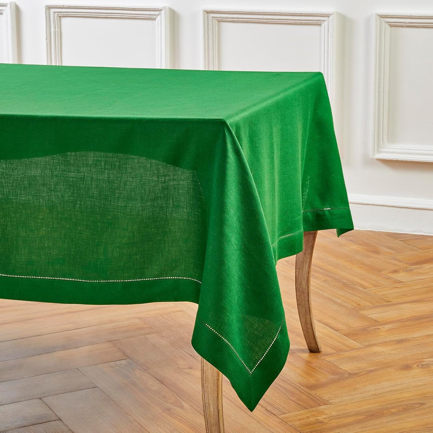 Solino Home Garden Green Linen Tablecloth 60 x 120 Inch - 100% Pure Linen Hemstitch Table Cloth for Rectangle Tables - Classic Hemstitch, Machine Washable Tablecloth for Christmas