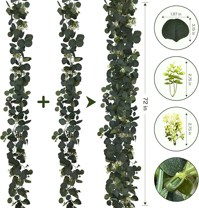 4Pcs 6FT Eucalyptus Garland, Green Garland with Flowers,Artificial Faux Greenery Vines for centerpieces Wedding Party Table Runner Room Home Mantle Decor
