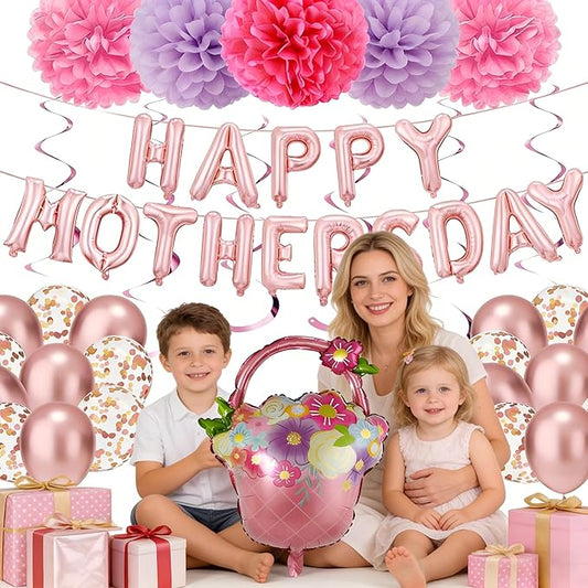 Mothers Day Decorations for Party - Mother's Day Decoration Pom-Poms Set Happy Mothers Banner & Balloon Kit with Pink and Light pruple, Rose Gold Confetti Balloons,Spiral Ornaments for Photo Backdrop & Party Decor