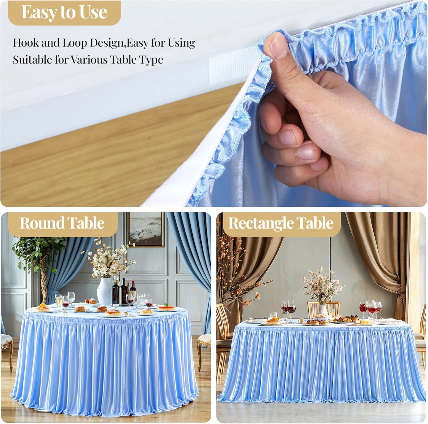 Wish Care 21ft Length Baby Blue Satin Table Skirt for Rectangle Tables Wrinkle Free Glitter Desk Skirts Pleated Ruffle Table Cloth for Baby Shower Gender Reveal Birthday Shark Theme Party Table Decor