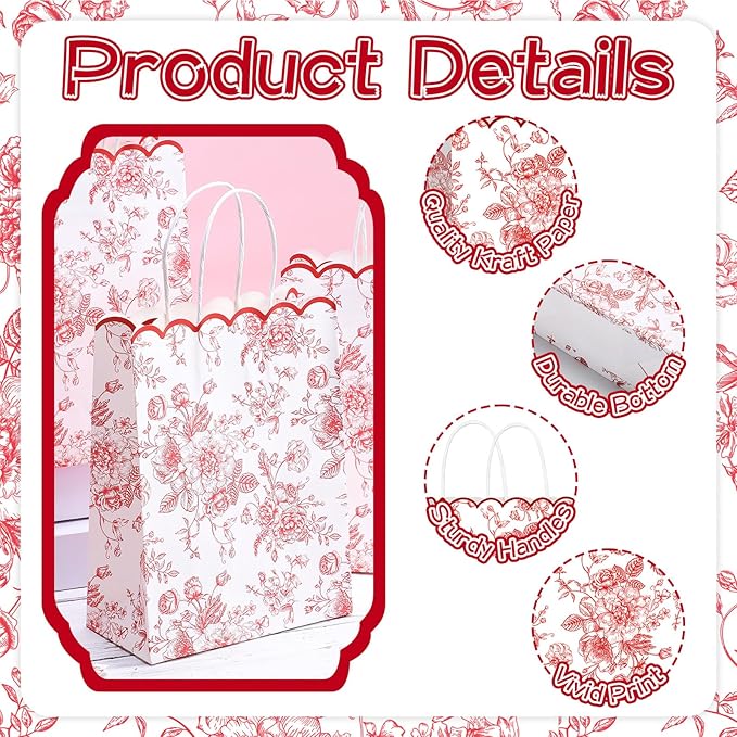 Kolldenn 24 Pcs Red Floral Party Favor Bags with Handles 10 x 5 x 13 Inch Large Scalloped Wildflower Goodie Candy Gift Treat Bags for Birthday Decoration for Bridal Baby Shower Party Supplie