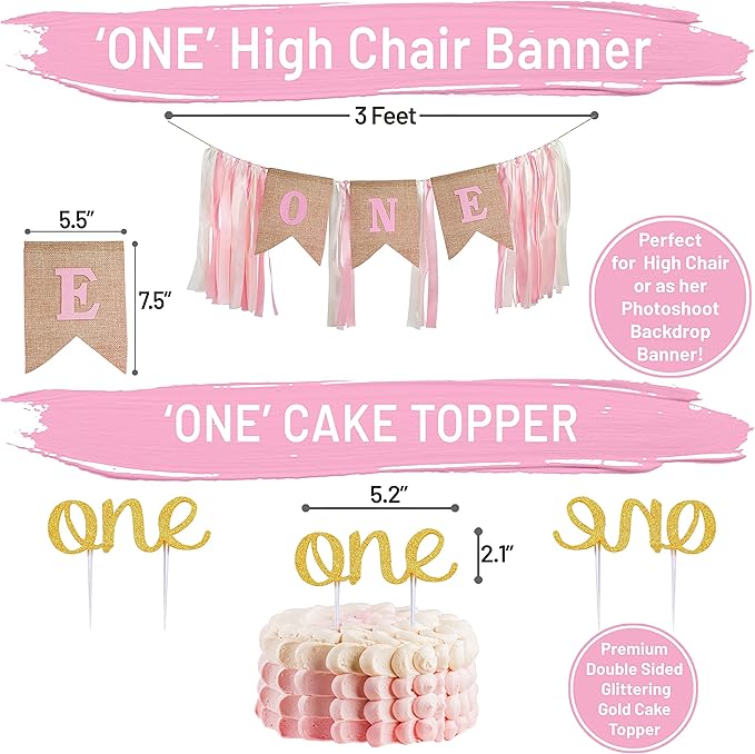 First Birthday Decorations for Girl | 1st Baby Girl Number 1 Balloon, Happy Birthday Banner, “One” Cake Topper, Star Garland, Marble Pink, Gold Confetti, Heart Balloons, Paper Tassels | PartyHooman