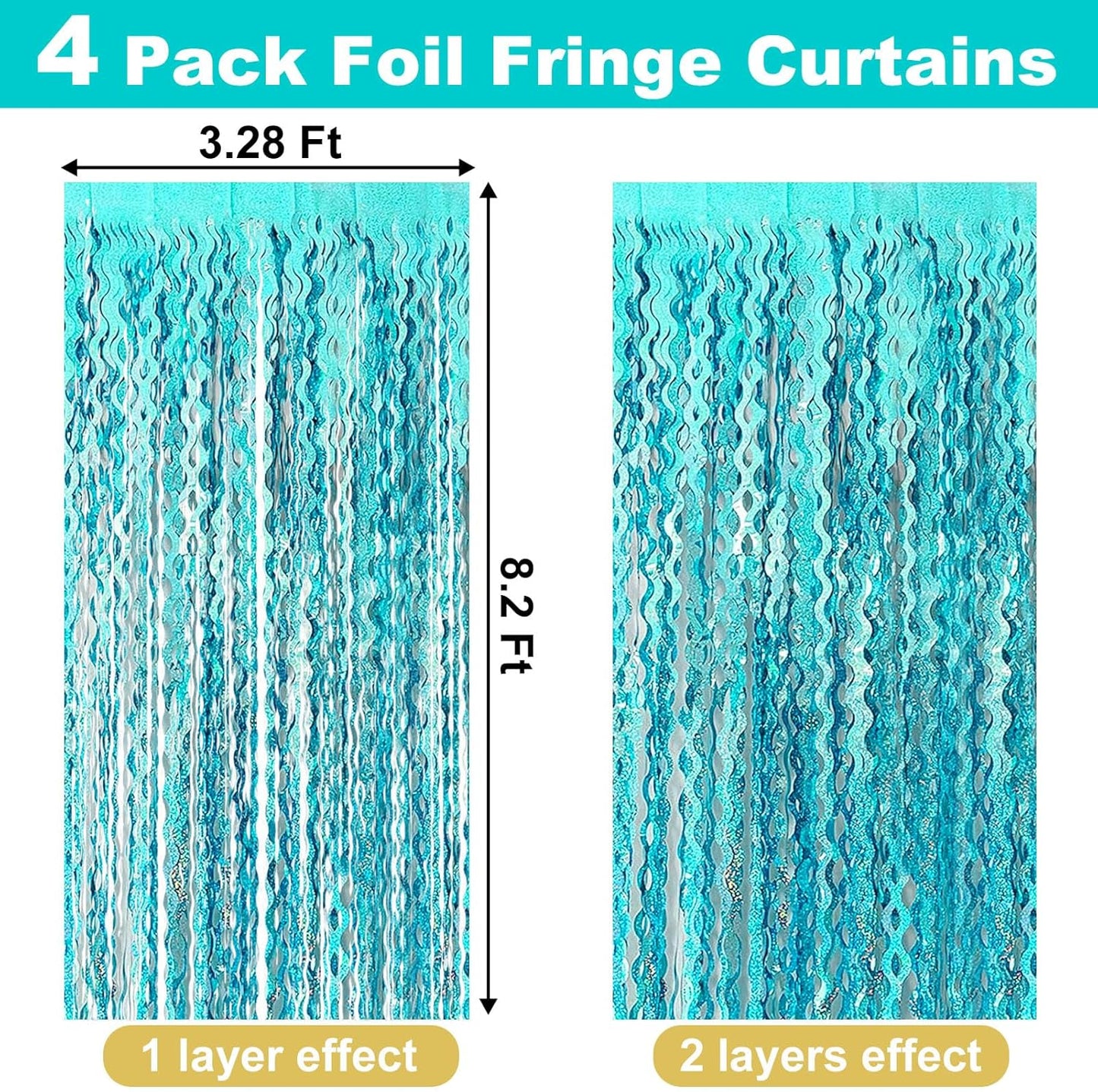 4 Pack Lake Blue Fringe Curtain Backdrop 3.2Ft x 8.2Ft Metallic Tinsel Foil Fringe Streamers Background for Photo Booth, Easter, Mother's Day, Bachelorette, Wedding, Birthday Party Decoration