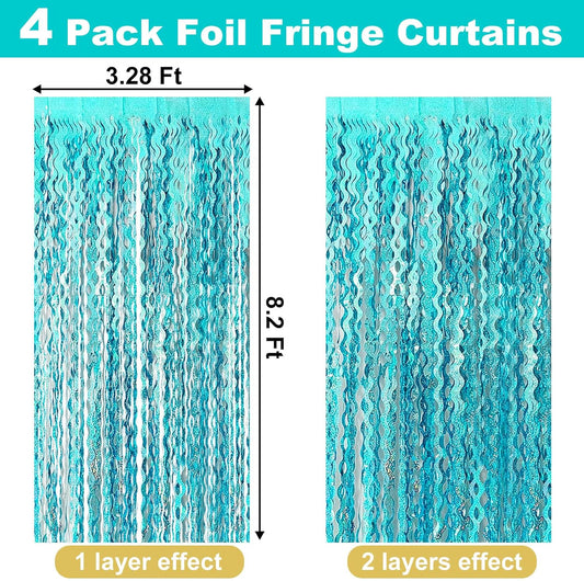 4 Pack Lake Blue Fringe Curtain Backdrop 3.2Ft x 8.2Ft Metallic Tinsel Foil Fringe Streamers Background for Photo Booth, Easter, Mother's Day, Bachelorette, Wedding, Birthday Party Decoration