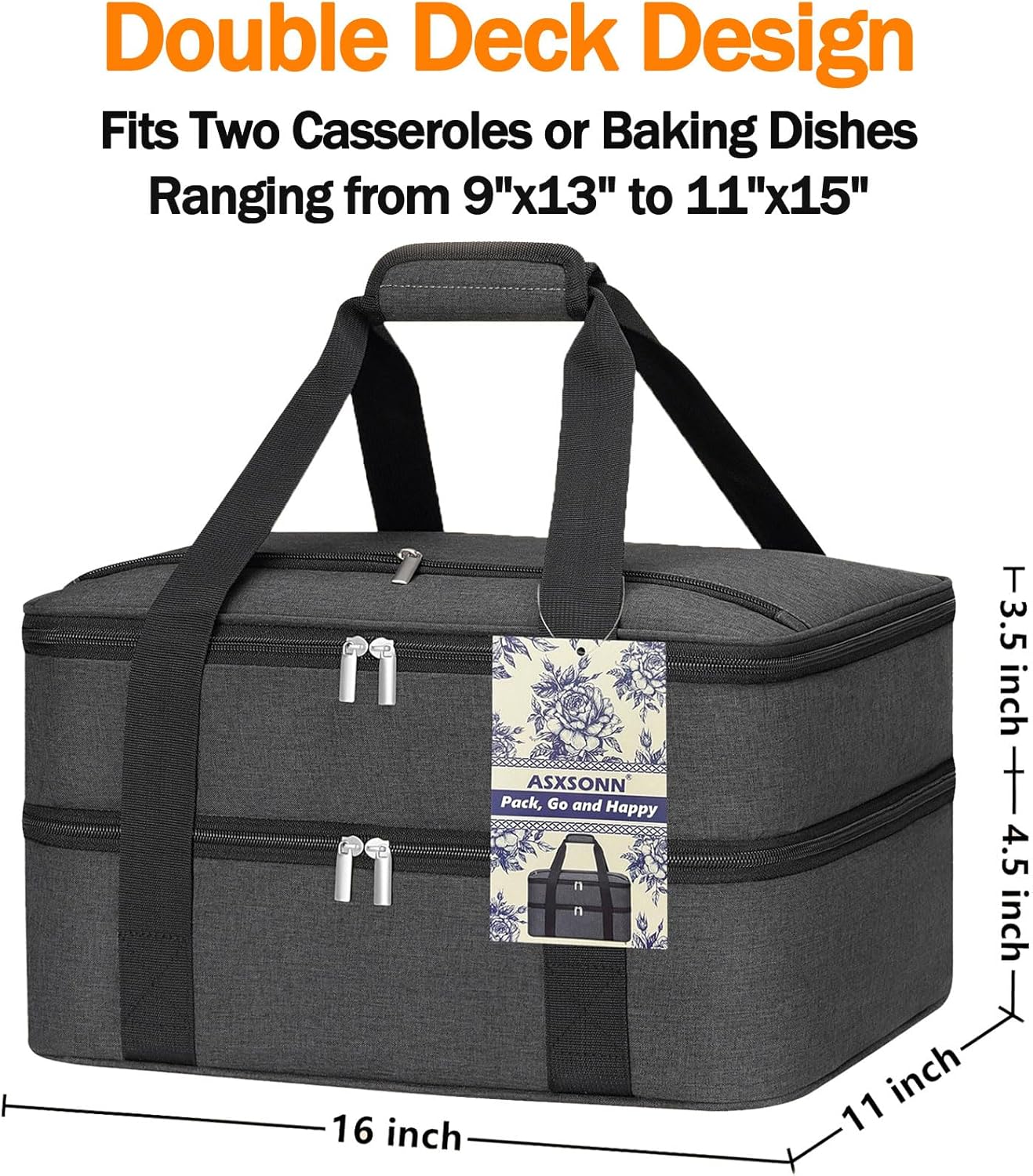 Double Decker Insulated Casserole Carrier for Hot or Cold Food, Insulated Casserole Dish Carrier for Potluck Parties, Picnic, Cookouts, Fits 9"x13" Baking Dish