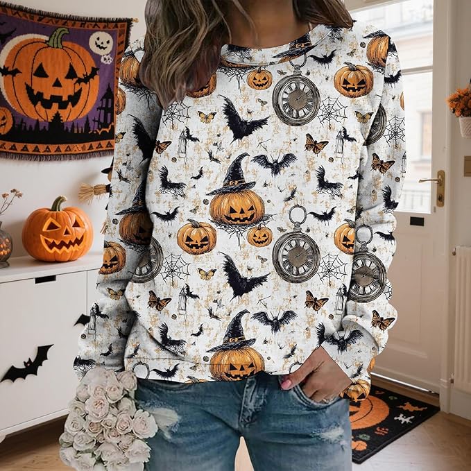 LIZALIG Pullover Cute Sweatshirt Orange Skeleton Fall Festive FunWomens Design Bat Holiday Party Outings Pumpkin Print