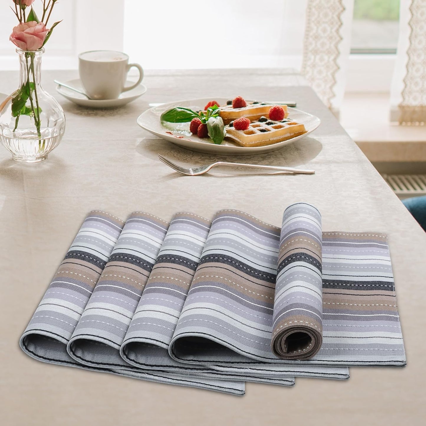 Urban Villa Christmas Placemats Grey Multi Stripes 100% Cotton Fused Tablemats for Dining Size 14''x20'' Set of 6 Placemats for Christmas Celebrations Wedding Parties Every Day Use Heavier Quality