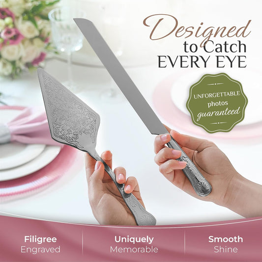 Orblue Wedding Cake Knife and Server Set - Premium, Beautifully Engraved Cutting Set - Elegant Keepsake for Newlyweds Black