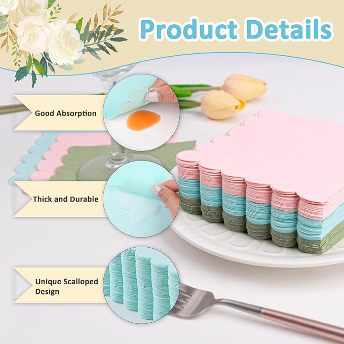100 Pcs Cocktail Napkins Scalloped Edged Dessert Napkins Folded 5 x 5 Inches Blue Disposable Napkins for Dinner Wedding Birthday Party