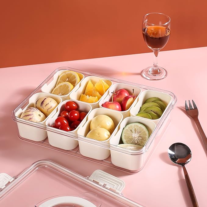 Bandesun Divided Serving Tray with Lid and Handle - Snackle Box Charcuterie Container for Portable Snack Platters - Clear Organizer for Candy, Fruits, Snacks，Nuts - Perfect (Pack of 2)