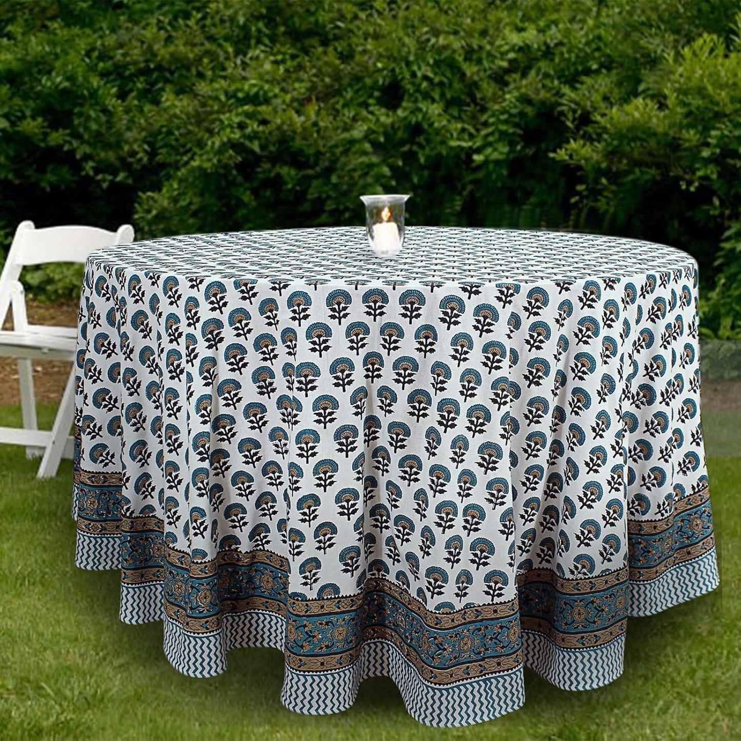 110 Inches Round Hand Block Printed Cotton Tablecloth, Blue Yellow Floral Table Cloths Washable, Indian Table Linen for Dinning Home Decor Autumn Outdoor Thanksgiving Gifts