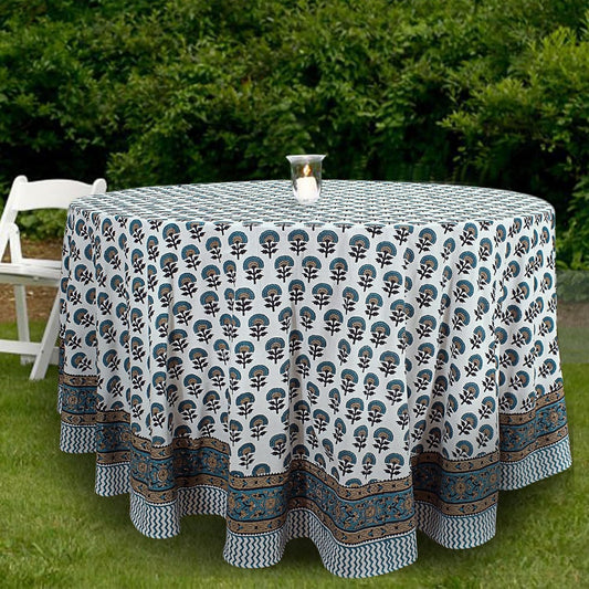 110 Inches Round Hand Block Printed Cotton Tablecloth, Blue Yellow Floral Table Cloths Washable, Indian Table Linen for Dinning Home Decor Autumn Outdoor Thanksgiving Gifts