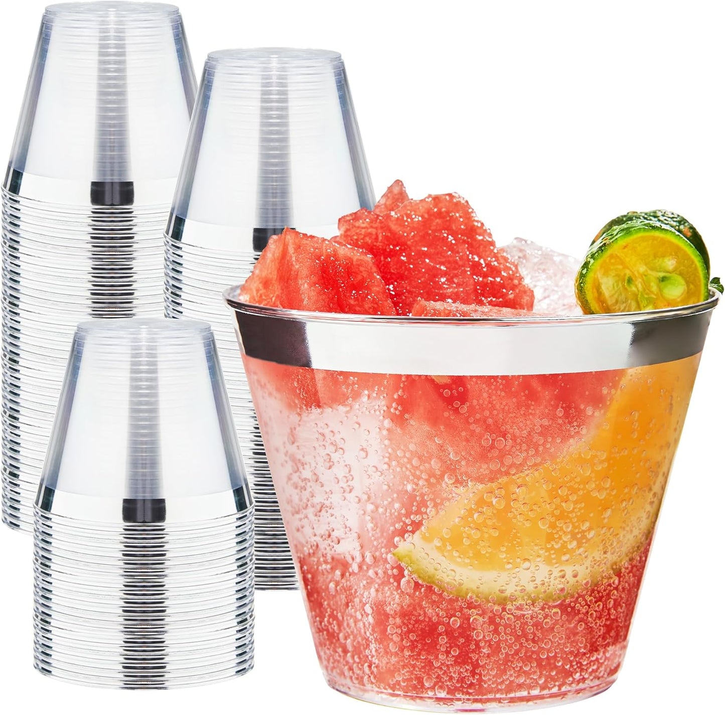 RACETOP 200 Pack 9 oz Silver Plastic Cups Tumbler, Disposable Cups with Silver Rim for Party, Heavy-duty Clear Plastic Wine Glasses, Disposable Wedding Cups