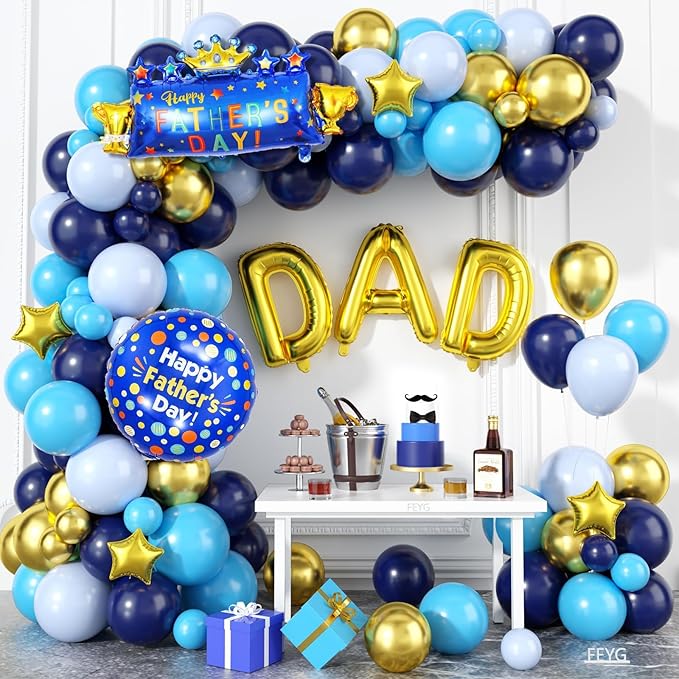 Father's Day Balloon Arch, Navy Blue Metallic Gold Light Blue Balloon Garland Kit with Large Dad Party Balloons, Dad Letter Foil Balloons for Father's Day Party Decorations