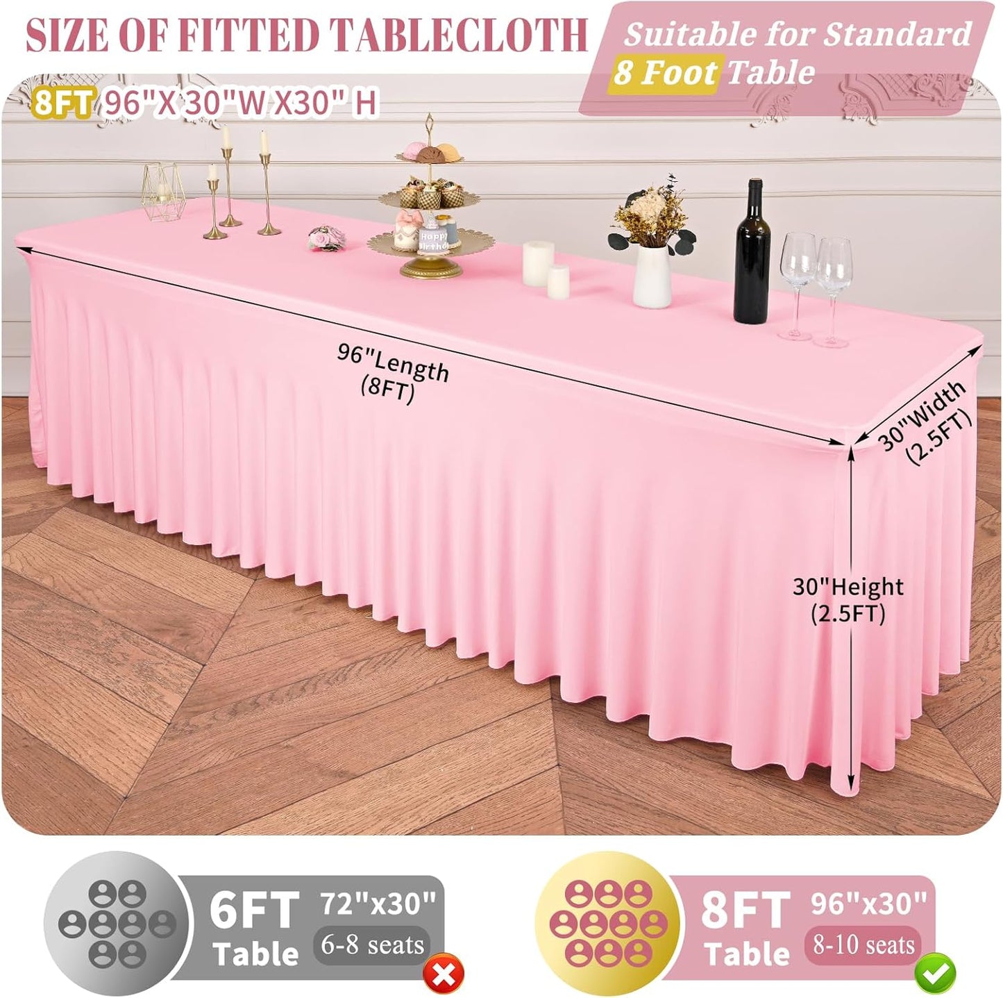 2 Packs Pink Stretch Table Skirts for 8 Foot Rectangle Table, Washable Spandex Stretch Tablecloths with Skirt, Wrinkle Resistant Fitted Tablecover for Wedding Party Banquet