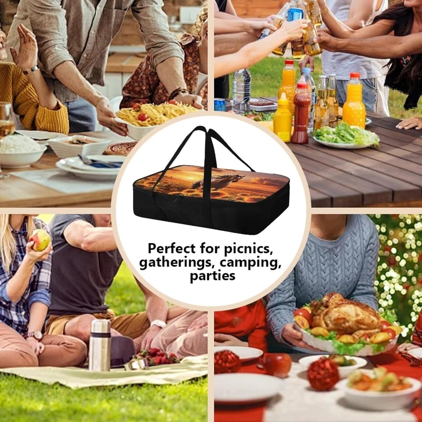 Sunflower Horse Insulated Casserole Carriers Thermal Bags for Hot or Cold Food with Heat Resistant Lining Zip Food Carriers Fits 11 x 15 or 9 x 13 Baking Dish