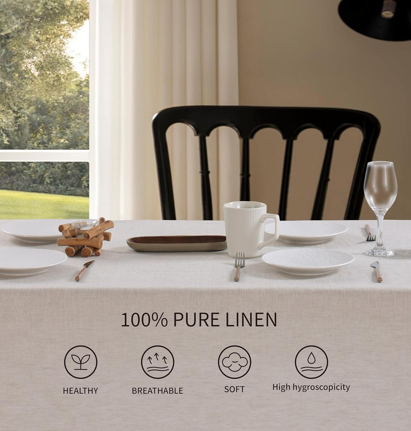 100% French Flax Linen Tablecloths Scalloped Embroidery Rectangle 108Lx60W Inch for Dinners, Parties, Spring, Machine Washable, 8-10 Sets, Linen(Edges-Green)