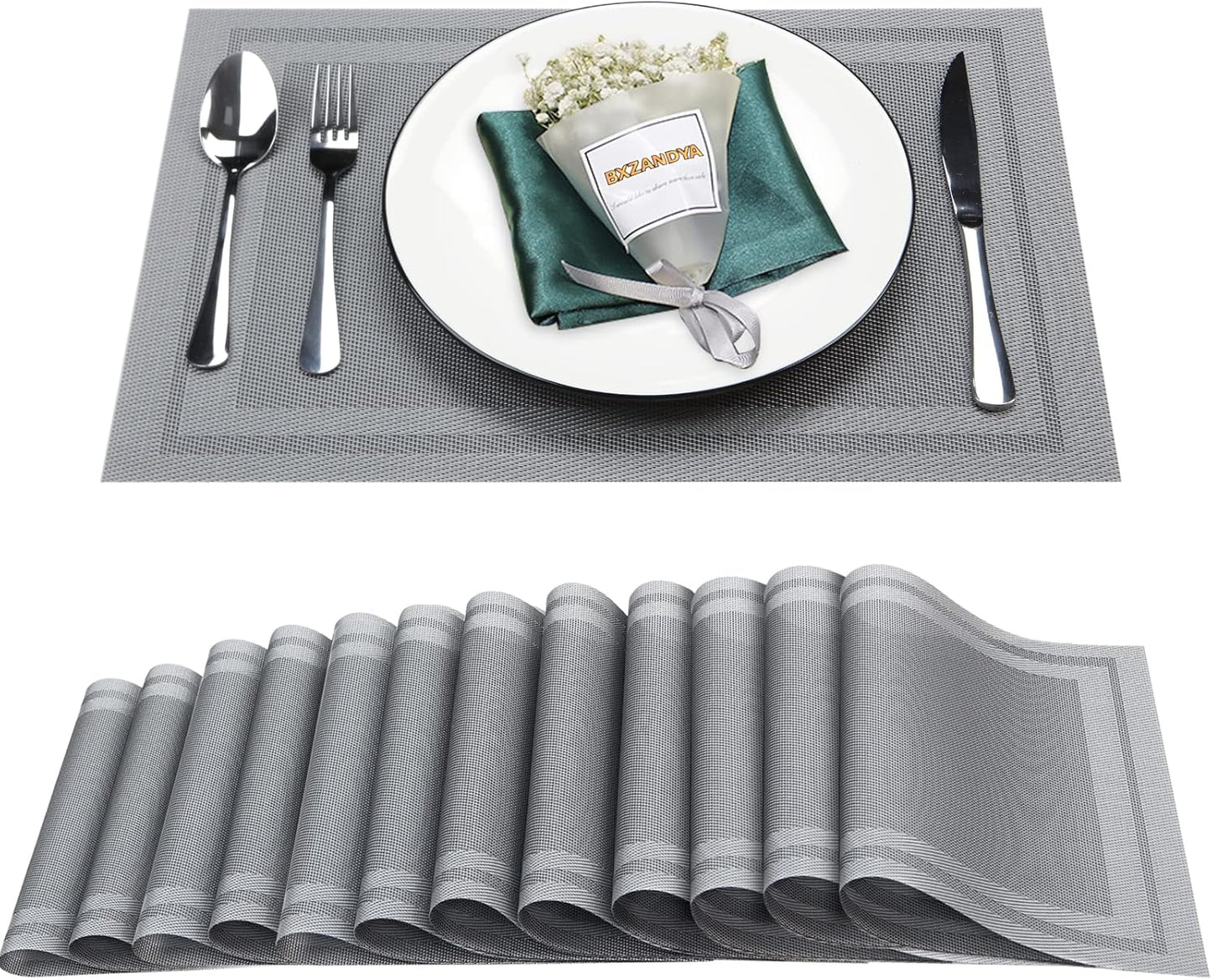Placemats Set of 12,Washable,Heat and Stain Resistant Indoor/Outdoor Place mats,Vinyl Woven Non Slip Table Mats for Restaurant Table Protection,PVC Placemats(Gray,12PCS)