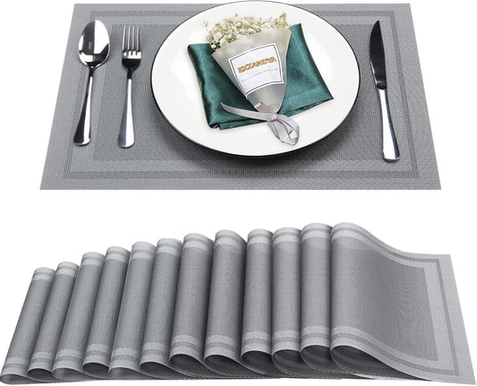 Placemats Set of 12,Washable,Heat and Stain Resistant Indoor/Outdoor Place mats,Vinyl Woven Non Slip Table Mats for Restaurant Table Protection,PVC Placemats(Gray,12PCS)