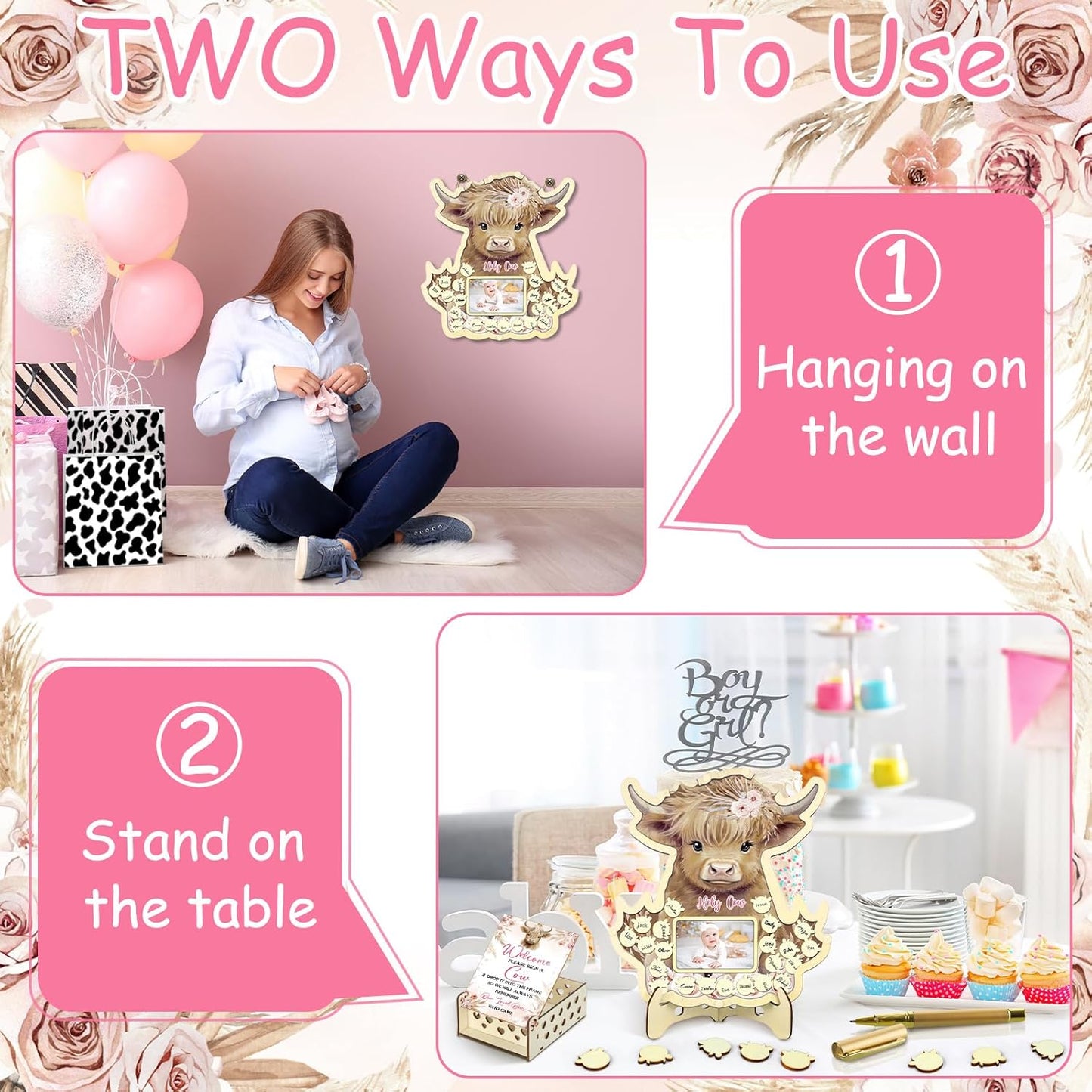 Wenqik 63 Pcs Highland Cow Baby Shower Guest Book Alternatives Set Baby Shower Decorations with Photo Frame Sonogram Frame Keepsake 60 Wood Slices Guest Book for Birthday