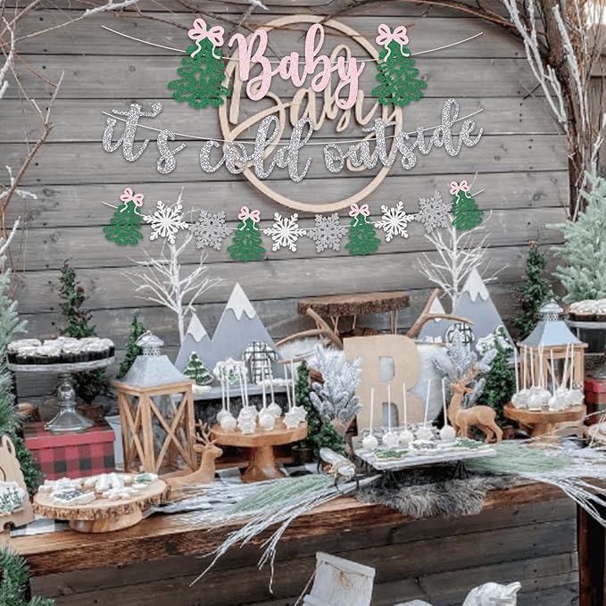 Pink Bow Baby It's Cold Outside Banner Christmas Baby Shower Decoration Winter Holiday Snowflake Welcome Newborn Party Supplies