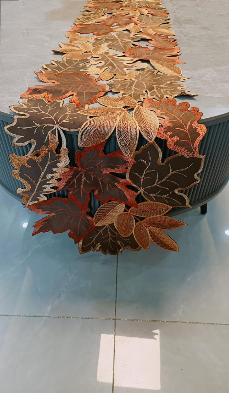 Fall Leaf Embroidered Table Runner 69 Inches for Thanksgiving and Autumn Harvest Decoration (16''x69'', Coffee Colored Maple Leaves)