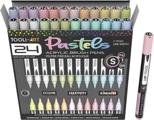 24 Flexible Brush Tip Acrylic Paint Pens Markers Set 1-7mm Line for Rock Painting, Brush Lettering, Glass, Mugs, Wood, Metal, Canvas, Fabric, Plastic Non Toxic Waterbased Quick Drying Assorted Pastel