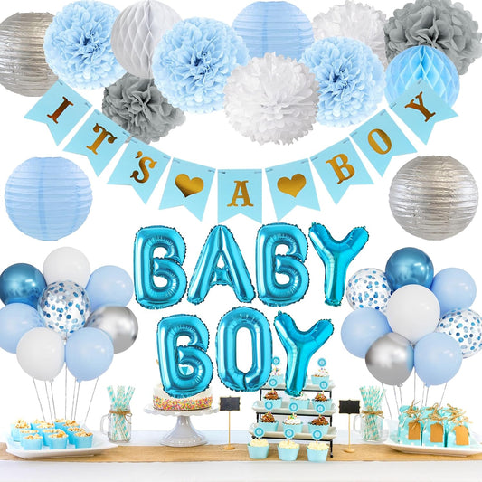 Ouddy Party Blue Baby Shower Decorations with Its a Boy Banner, Baby Boy Letter Metallic Blue Gray Silver Balloon Paper Pom Poms Honeycomb Ball for Baby Shower Gender Reveal Party Supplies