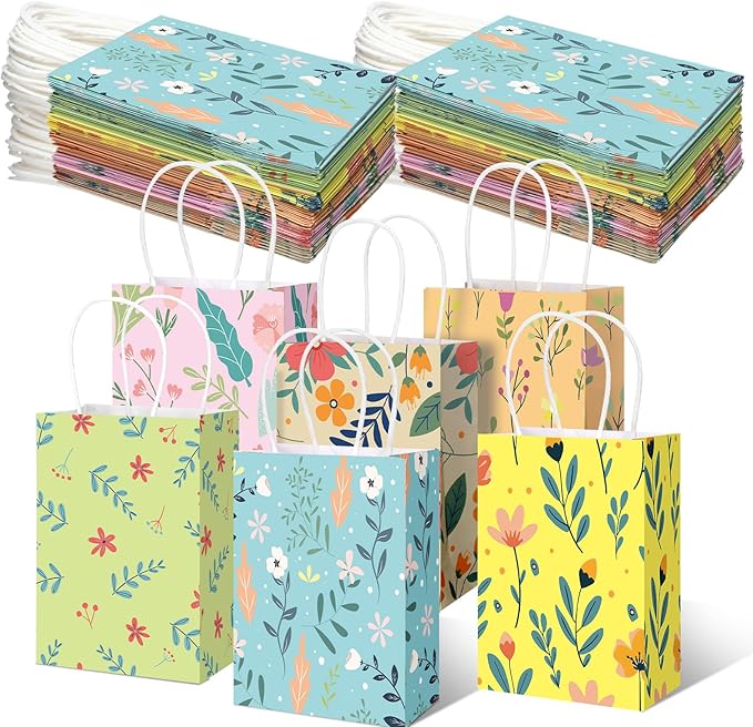 Kolldenn 36 Pcs Floral Gift Bags Watercolor Tea Party Treat Goodie Bags Women with Handles Thank You Birthday Candy Treat Engagement Party Supplies, 8.3 x 5.9 x 3.1 Inches(Chic)