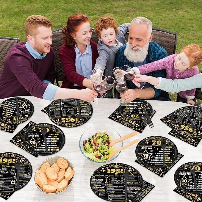 CHUNNIN 96Pcs 70th Birthday Plates and Napkins Back in 1955 Party Decorations Black Gold 70 Year Old Party Dessert Plates 1955 Tableware for 24 Guests 70th Theme Men Woman Birthday Supplies