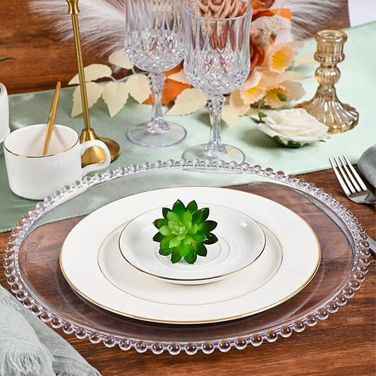50 PCS Clear Round Charger Plates with Beaded Rim, 13 Inch Plastic Acrylic Plate, Plastic Round Beaded Dinner Decorative Service Plates for Wedding Party Event, Home Kitchen Tabletop(Clear)